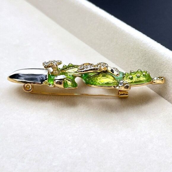 Yellow Gold with Emerald and Diamond Potted Cactus Plant Enamel Pin Back Brooch - Picture 6 of 9